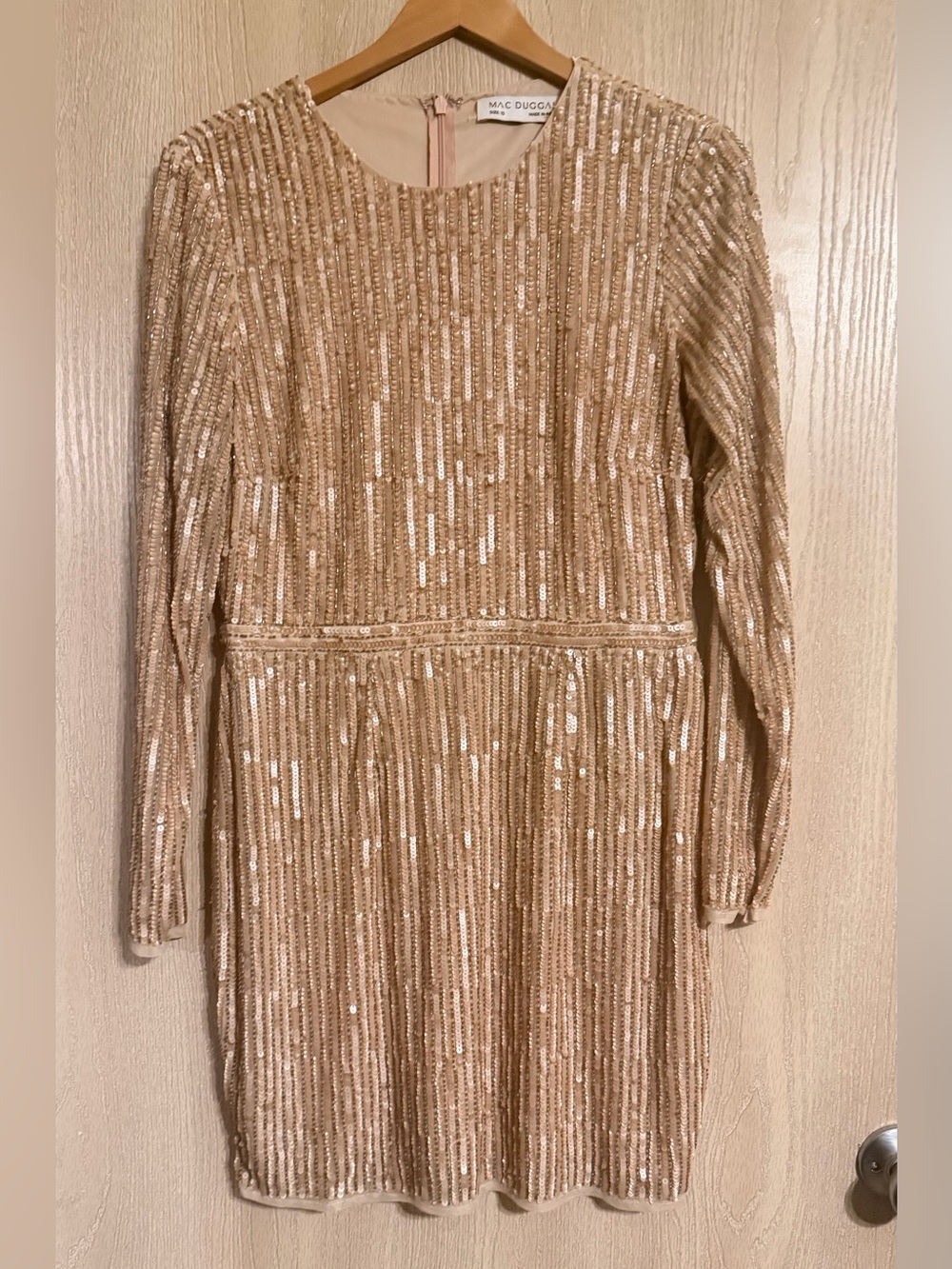 Mac Duggal Nude Gold Long-Sleeve Sequin Cocktail Dress